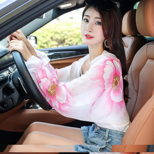 New Women Summer Sun Protection Beach Shawl Print Flower Chiffon Sunscreen Riding Arm Shade Scarf Outdoor Cycling Driving Sleeve