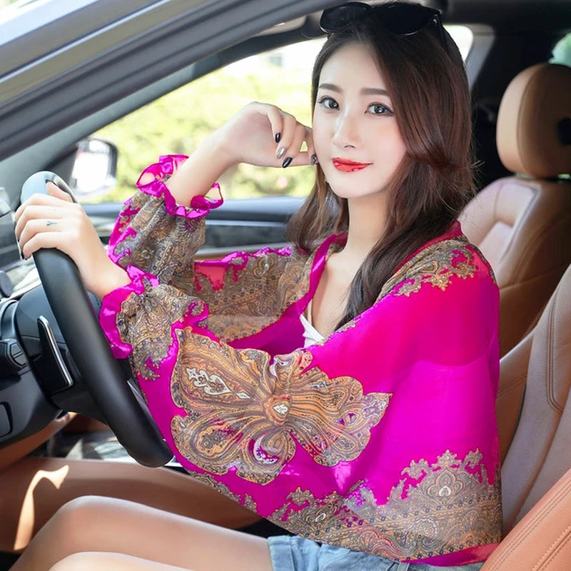 New Women Summer Sun Protection Beach Shawl Print Flower Chiffon Sunscreen Riding Arm Shade Scarf Outdoor Cycling Driving Sleeve