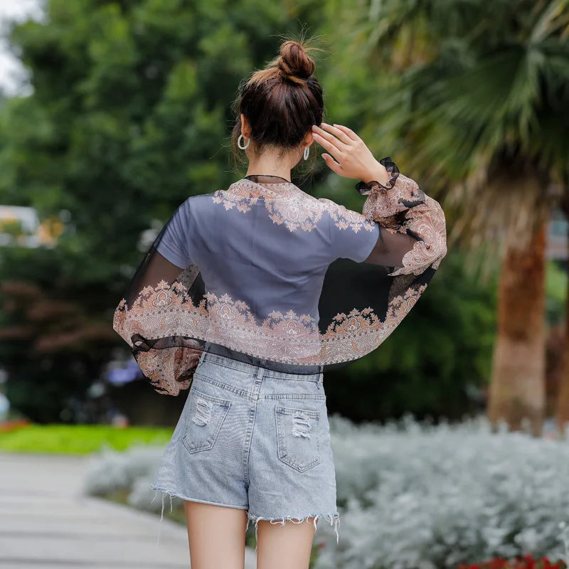 New Women Summer Sun Protection Beach Shawl Print Flower Chiffon Sunscreen Riding Arm Shade Scarf Outdoor Cycling Driving Sleeve