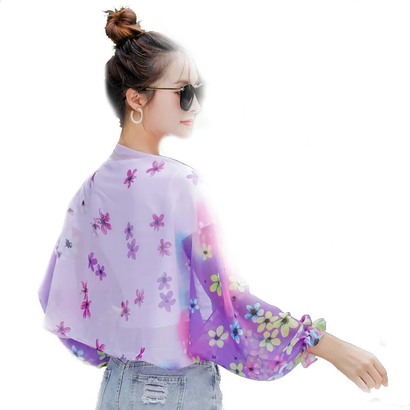 New Women Summer Sun Protection Beach Shawl Print Flower Chiffon Sunscreen Riding Arm Shade Scarf Outdoor Cycling Driving Sleeve