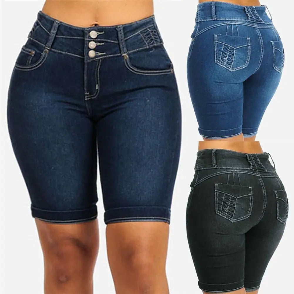 Plus Size Denim Shorts Women Summer Elastic Slims Fit Bodycon Knee Length Shorts Skinny Denim Shorts for Women Short Feminino