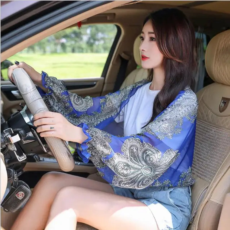 New Women Summer Sun Protection Beach Shawl Print Flower Chiffon Sunscreen Riding Arm Shade Scarf Outdoor Cycling Driving Sleeve